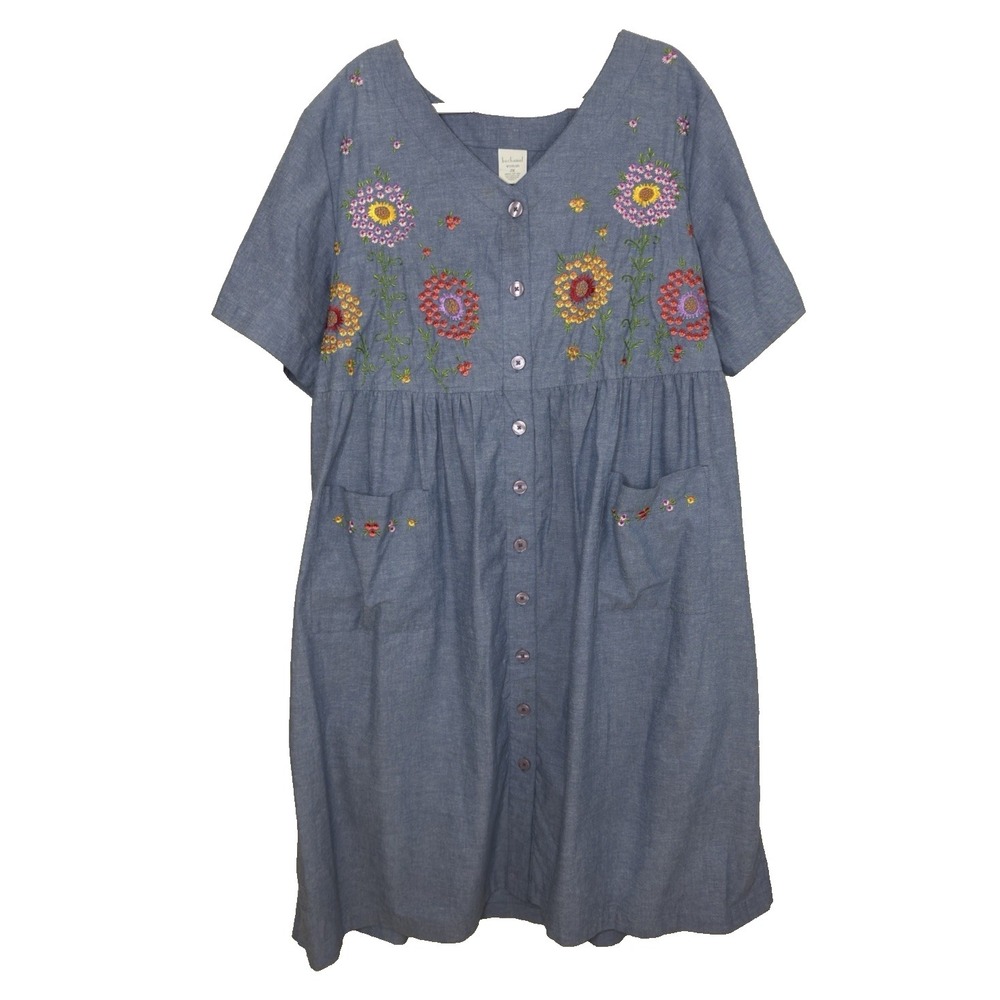 Bechamel‎ Dress Dandelions 2X Embroidered Floral Button Grannycore 90s Denim